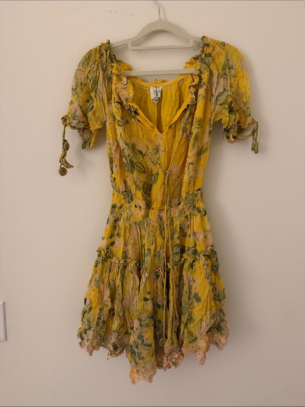 HEMANT & NANDITA Yellow Floral Tiered Mini Dress